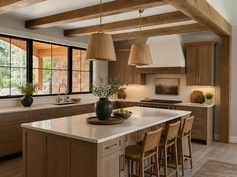 Custom wood kitchen with a large island, brass hardware, and exposed wood beam ceiling